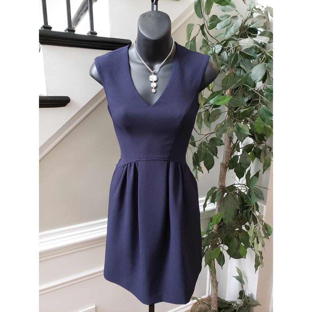 Vince Camuto Dress Women 0P Navy Blue Sleeveless V Neck Fit Flare Career Chic
